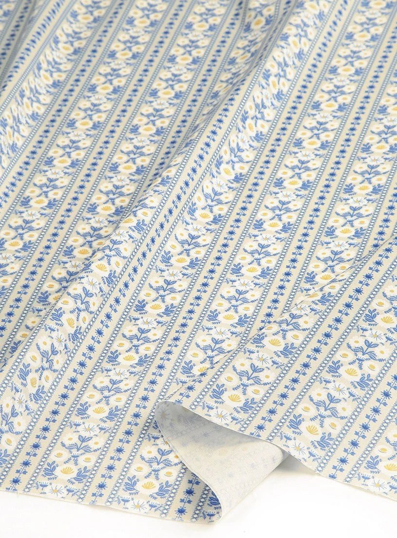 Blue Floral Striped Cotton Fabric – Soft Plain Weave