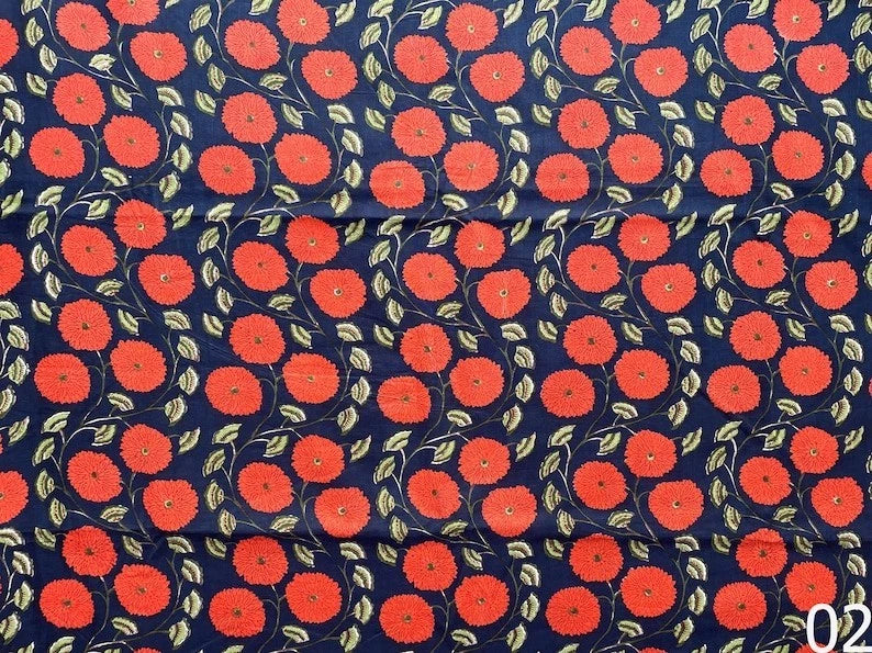 Blue Floral Hand Block Print Cotton Fabric