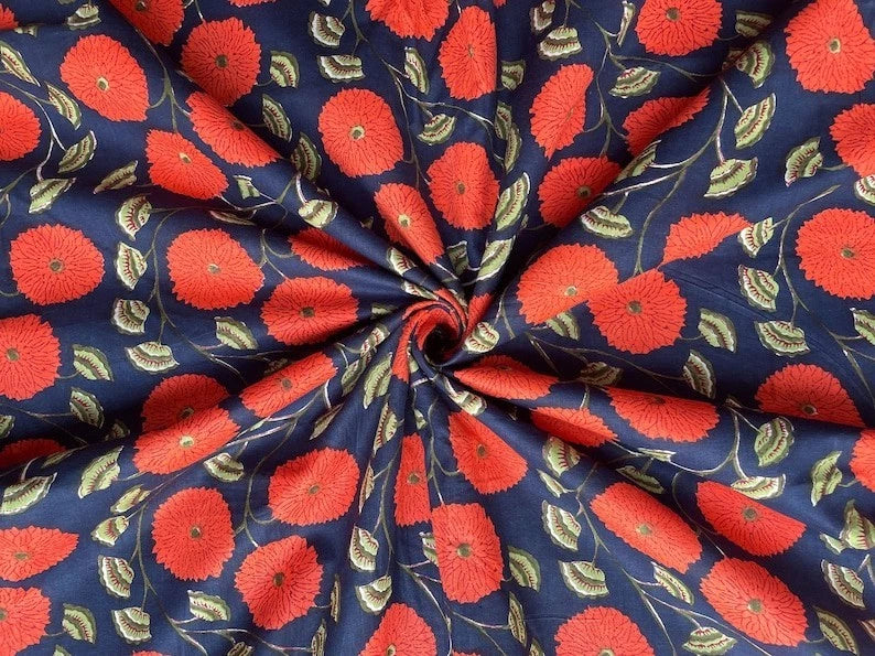 Blue Floral Hand Block Print Cotton Fabric