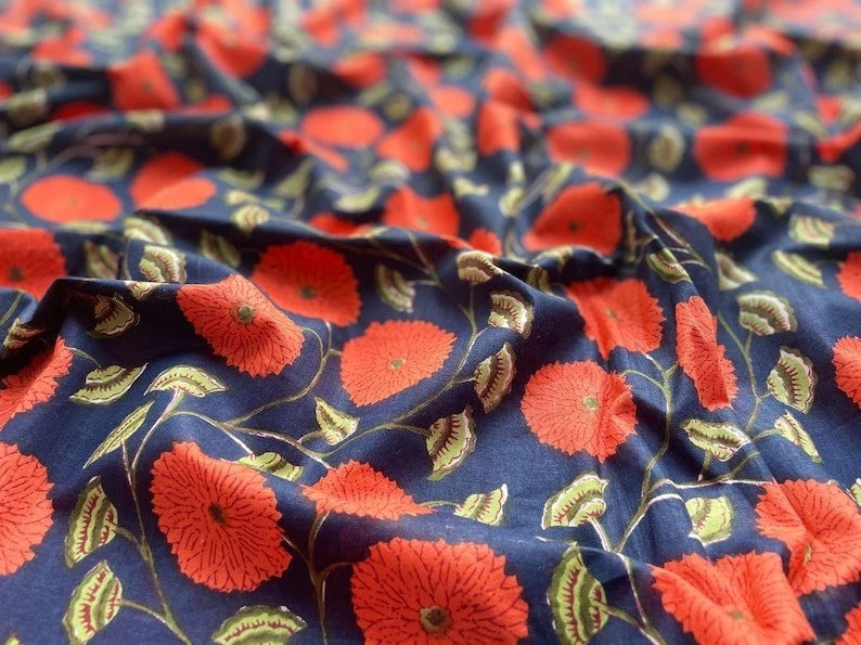 Blue Floral Hand Block Print Cotton Fabric