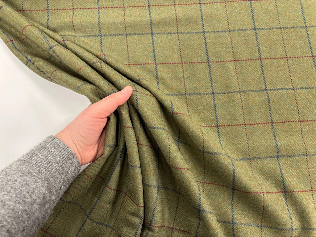 Sage Windowpane Check Wool Fabric – Medium Weight
