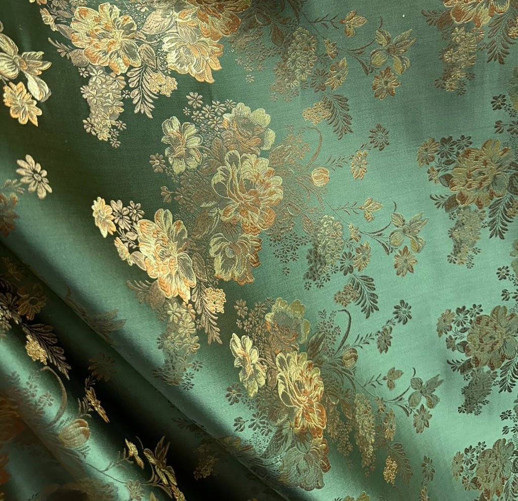 Green Gold Floral Brocade Fabric – 60" Wide